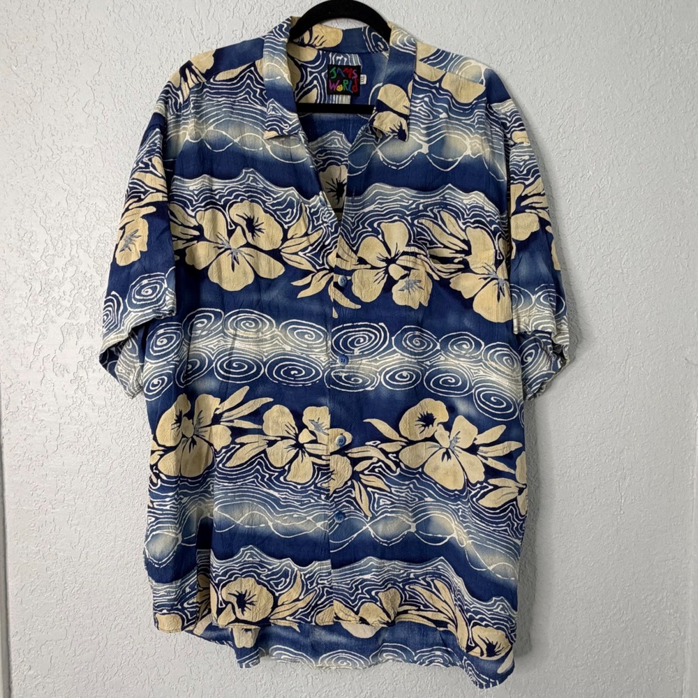 Jams World Mens XXL Blue Floral Swirl Crinkle Short Sleeve Button Down Shirt